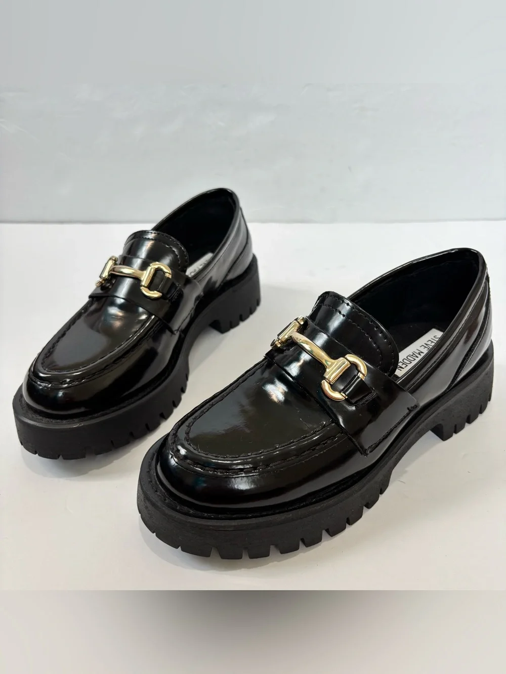 NEW Steve Madden Horsebit Lando Black Patent Chunky Platform Lug Sole Loafer 5.5